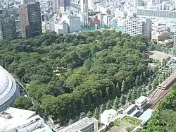 Bird eye view of a wooded park surrounded by tall buildings and adjacent to a rail line.