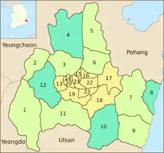 Map of the administrative divisions of Gyeongju.