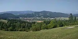 View of the village of Krottendorf-Gaisfeld (center), Krottendorfberg (center top), and parts of Gaisfeld (right) from Muggauberg.