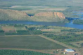 Aerial photo of Lake Kununurra with farms in the foreground