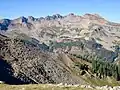 La Plata Mountains from NNE. Left to rightː Babcock Peak, Mt. Moss, Lavender Peak, Centennial Peak, Hesperus Mountain