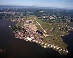 Langley AFB from over Chesapeake Bay.