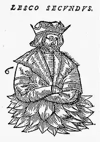 Imaginary depiction of Leszko II in Sarmatiae Europeae descriptio by Alexander Guagnini