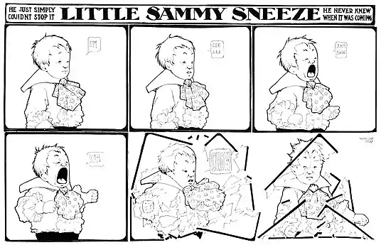 Six-panel Little Sammy Sneeze comic strip in which Sammy Sneeze destroys the strip's panel borders with a sneeze