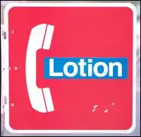 A bright red sign with a white border, a white outline of a telephone receiver, and a blue rectangle with the word "LOTION" written in white.