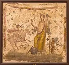 Fresco of a woman standing with her foot on a blue sphere