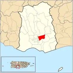 Location of barrio Machuelo Abajo within the municipality of Ponce shown in red