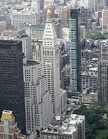 A view of several New York City buildings from the air, looking north from above approximately 20th Street.