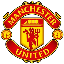 The words "Manchester" and "United" surround a pennant featuring a ship in full sail and a devil holding a trident.