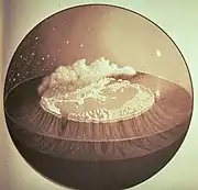 Rendition of Homer's view of the world (prior to 900 BC). The Homeric conception of the world involved a flat, circular Earth, surrounded by mountains and by Oceanus,  the world-ocean of classical antiquity, considered to be an enormous river encircling the world. The Sun emerges from underneath the Earth, travelling along the fixed dome of the sky, and is shown rising from Oceanus.