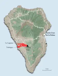 Location of La Laguna within the lava flow on November 23, 2021