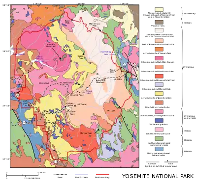 Image 4Cathedral Peak GranodioriteMap: Grandiose, based on a map by the United States Geological SurveyA geological map of Yosemite National Park (full size), showing the Cathedral Peak Granodiorite, the largest unit in the Tuolumne Intrusive Suite, which in turn is the largest granitic suite in the park.     Cathedral Peak Granodiorite     Rest of the Tuolumne Intrusive SuiteMore selected pictures