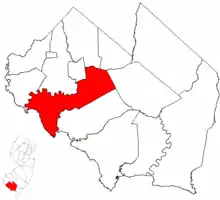 Location of Fairfield Township in Cumberland County highlighted in red (right). Inset map: Location of Cumberland County in New Jersey highlighted in red (left).