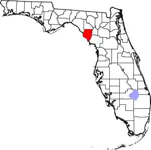 A state map highlighting Dixie County in the corner part of the state. It is medium in size.