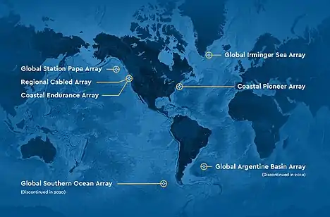 Map of OOI's arrays (Coastal Pioneer Array, Coastal Endurance Array, Regional Cabled Array, Global Irminger Sea Array, Global Station Papa Array) and decommissioned arrays (Argentine Basin Array and Southern Ocean Array).