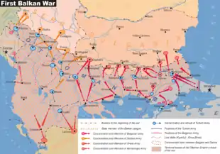 A map showing the routes Serbian, Bulgarian, and Greek armies used to attack the Ottoman Empire in the Balkans