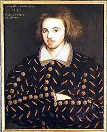 Portrait with front view of a man with long hair, moustache, and arms folded, a putative portrait of Christopher Marlowe (Corpus Christi College, Cambridge).