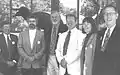 1998 campaign event for NM school board candidate Marshall Berman (wearing white coat) L-R Harrison Schmitt, NM Academy of Science President Richard Nygren, Al Narath from Sandia Base, Berman, Laura J. Crossey from UNM and Rev. Clyde Stanfield.