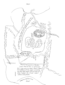 A crude pen-and-ink map showing three islands in a lake. Handwritten text is scrawled in various places on the map. West is written at the top and east at the bottom.Laguna de Terminos is written at the bottom. One of the islands has text saying "great island or cayo". A road is drawn heading toward the right-hand of the page. It is labelled as the road from Verapaz. Small scattered circles drawn around the top end of the lake are marked as farms of the Itzas. One patch is named as Yolom. The words "Great Mountains" are written to the top left; a note is written that says "Here we lost ourselves and traversed all these mountains until we came to where they were seeking for us." A label at the left-hand edge says "Mountains of Yucathan". Towards the bottom left there is another note saying "From Merida in north to Itza in south there are 150 leagues." Usumacinta River is written along the right-hand edge. Beyond this is written "Great Mountains of Limestone." A note at the bottom explains "Road of this province of Guatem. I warn that all this is not correct, but I can only put down these villages and stations of the region according as they were shown and pointed out when I asked the Itzas about nations and places."