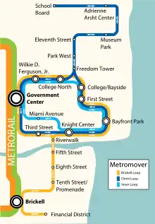 A schematic rail map featuring light blue, dark blue, and yellow lines in a loop formation, showing an overview of 21 stations.