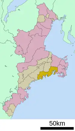 Location of Miniamiise in Mie Prefecture  ♦ = City   ♦ = Town