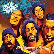 Hand-drawn heads of Souls of Mischief members and Prince Paul; behind them is an Aztec-inspired ornament with Souls of Mischief's and Hieroglyphics' logos. The album's title is at the bottom right, written in cursive.