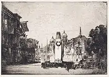 Etching of a monument surrounded by people