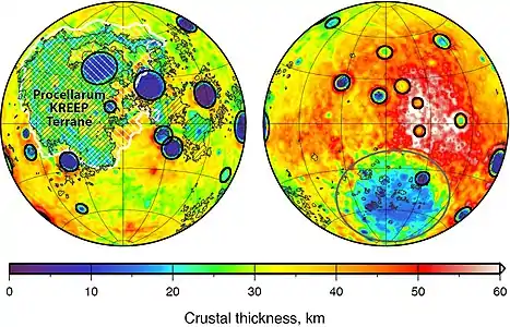 The PKT is labeled in the image; the region within the green circle in the polar region is SPAT, and the rest is FHT.  While not labeled, the high-thickness (red) region on the right hemisphere corresponds to the inner FHT.  The left hemisphere is the near side of the moon, and the right hemisphere is the far side.