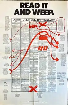 Poster captioned "Read it and Weep" accompanied by an annotated version of the U.S. Constitution