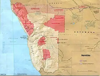 A map from 1964 to 1965 showing the Namibian "homelands" or Bantustans when Namibia was under the rule of apartheid South Africa.