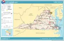 Map of Virginia with major highways running mostly north-south across it, with several connected. Major cities are marked on it, as are the neighboring states.