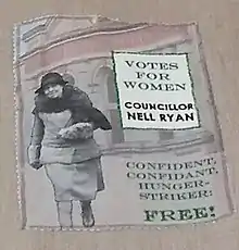 Panel from quilt features image of Councillor Nell Ryan and the words 'Votes for Women. Confident, Confidant, Hunger-striker. Free!"