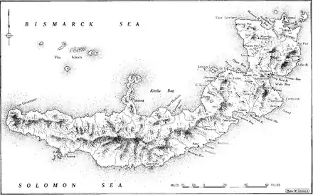 Black and white map of the island of New Britain, with key locations and features