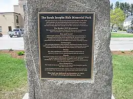 Photo shows a plaque dedicated to Sarah Josepha Hale.