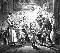 Krampus and Saint Nicholas visit a Viennese home in 1896