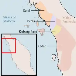 The four Kedahan dominions by 1860 in colour, after the loss of Terang (Trang) to Siam in 1810, the secession of Prince of Wales Island and Province Wellesley to the British between 1786 and 1860 and the Kedah Partition of 1843 that witnessed the birth of four separate dominions. The four kingdoms are in their respective colours, while other neighbouring polities are in light brown.