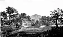 Drawing of a country house surrounded by trees and wide lawns, with a hill in the background