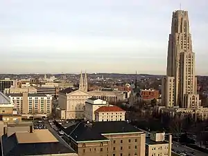 The University of Pittsburgh's Cathedral of Learning (right) dominates Oakland's skyline.