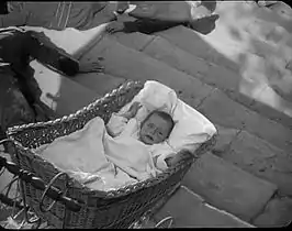 A baby in a carriage falling down the Odessa Steps