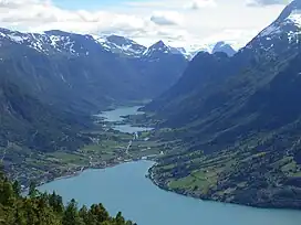 Olden by the shores of Oldebukta, a terminal bay in Nordfjorden