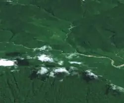 A Landsat montage of Olsobip township (centre) with the Hindenburg Wall (part of the Hindenburg Range) in the foreground