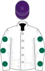 White, dark green spots on sleeves, purple cap