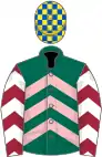 Dark green and pink chevrons, maroon sleeves, white chevrons, yellow and royal blue check cap