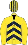 Yellow, dark blue chevrons on body, striped cap