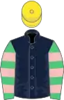 Dark blue, emerald green and pink hooped sleeves, yellow cap