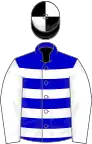 Blue and white hoops, white sleeves, black and white quartered cap