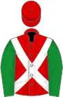 Red, white cross belts, green sleeves, red cap