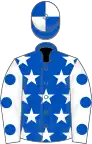 Royal blue, white stars, white sleeves, royal blue spots, royal blue and white quartered cap