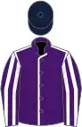 PURPLE, WHITE seams, striped sleeves, DARK BLUE cap