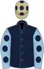 Dark blue, light blue sleeves, dark blue spots, beige cap, dark blue spots